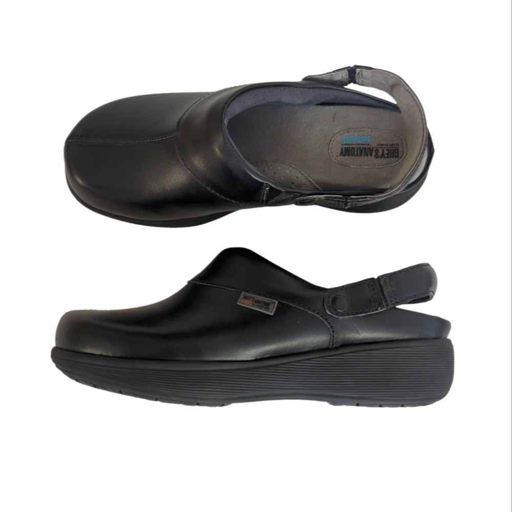 Grey's Anatomy Softwalk Leather Nursing Slip Resistant Clogs 6.5 Black Hospital
